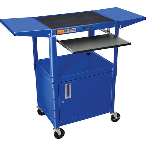 Luxor-AVJ42KBCDL-RB Adjustable Height Steel A/V Cart with Keyboard Shelf, Drop Leaf Shelves, and Cabinet (Blue)
