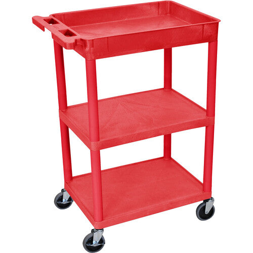 Luxor-RDSTC122RD 3-Shelf Utility Cart with Tub Top & Flat Middle/Bottom Shelf (Red)