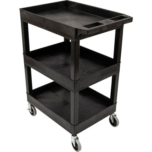 Luxor-SEC111-B-OUTRIG 24" x 18" 3-Shelf Plastic Utility Tub Cart with Outrigger Bins (Black)