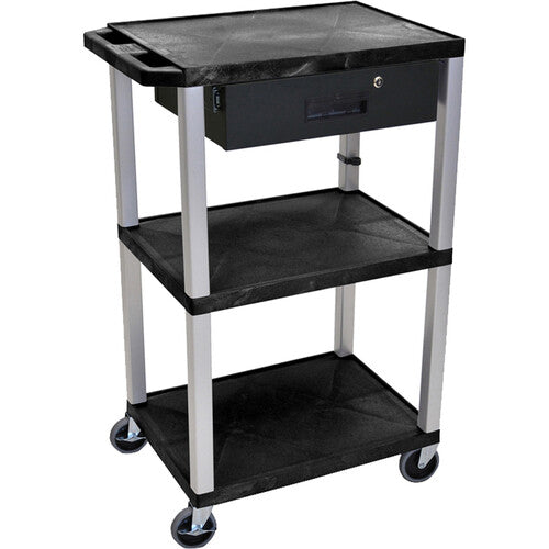 Luxor-UCPL1-WTD Three-Shelf Plastic Utility Cart 42" (Black, Drawer)