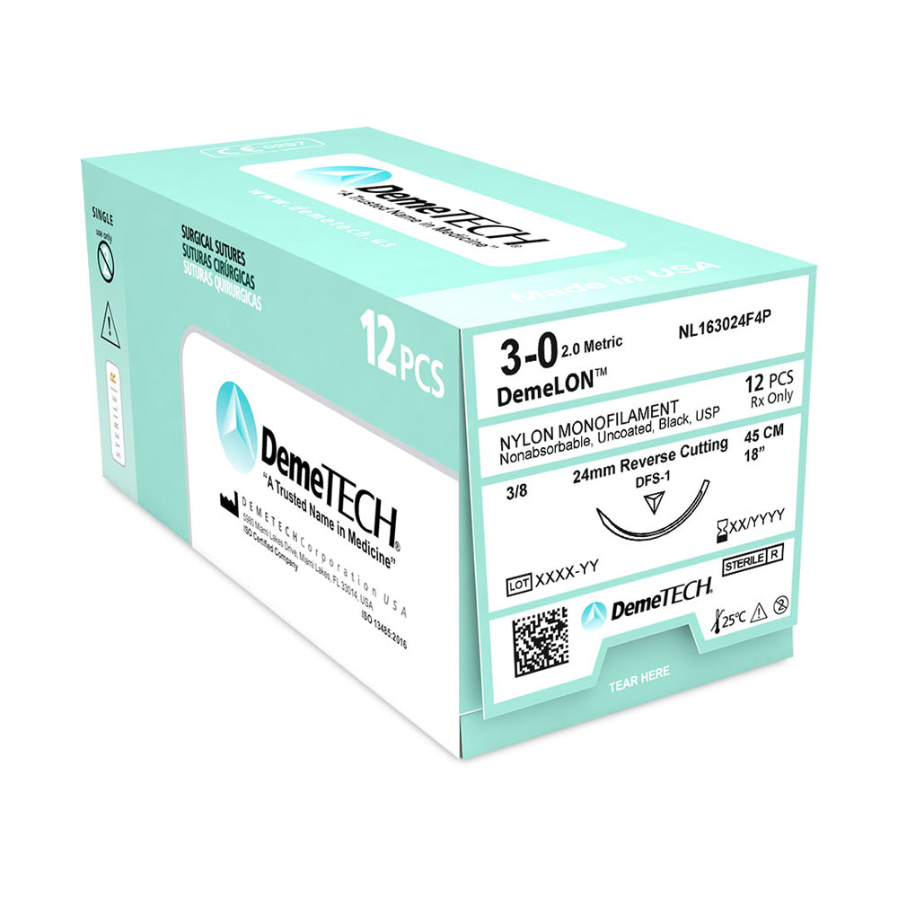 DemeTECH-NL163024F4P 3-0 DemeTECH DemeLON Nylon black 18" FS-1 Reverse Cutting - Monofilament, Non-Absorbable, Nylon, Suture, Synthetic 12/Box