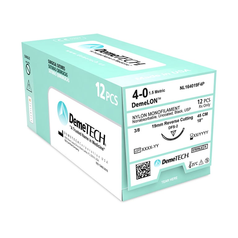 DemeTECH-NL164019F4P DemeLON 4/0, 18" (45 cm) Nylon Monofilament Black Suture, Reverse Cutting DFS-2 Needle, 12/Box