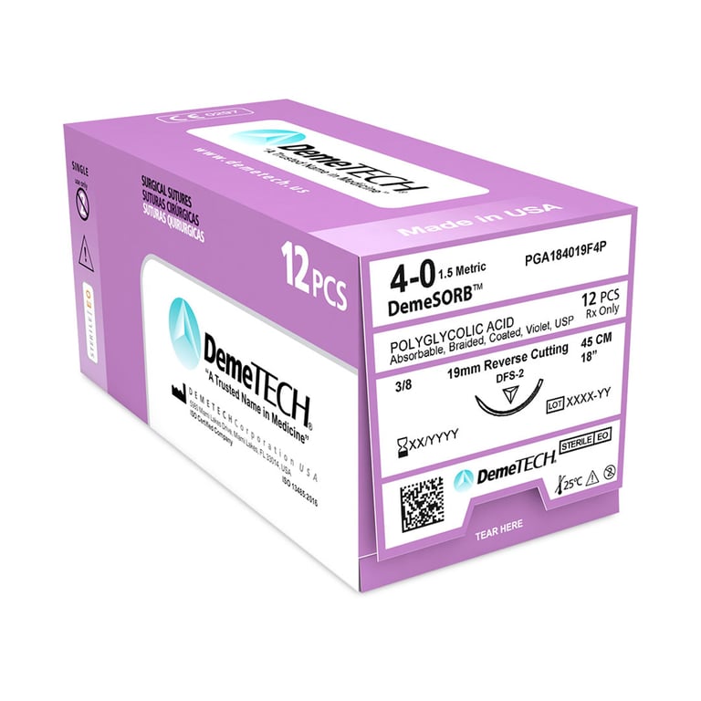 DemeTECH-PGA184019F4P DemeSORB 4/0, 18" (45 cm) Polyglycolic Acid Violet Suture, DFS-2 Reverse Cutting Needle, 12/Box