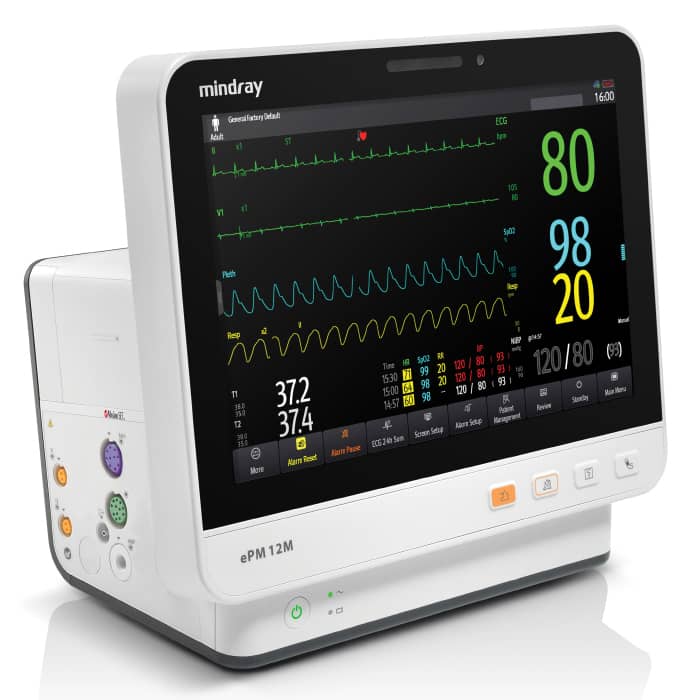 Mindray ePM 12M con ECG de 3/5 derivaciones, análisis de arritmias, Masimo SpO2, NIBP, temperatura, respiración (pn 9203E-PA00013)