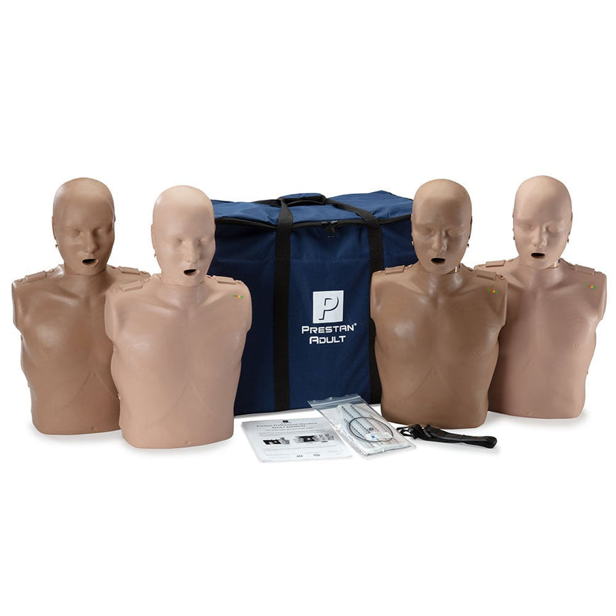 PRESTAN-PP-AM-400M-MSDS Kit de maniquíes profesionales para adultos con información sobre RCP, paquete de 4 (2 de piel mediana y 2 de piel oscura); incluye (50) protectores faciales y bolsas para pulmones para adultos, bolsa de transporte e instrucciones
