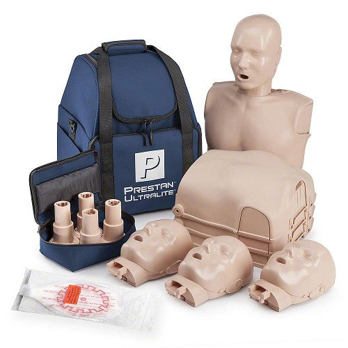 Maniquí Ultralite PRESTAN-PP-ULM-400-DS sin retroalimentación de RCP, paquete de 4 (piel oscura); incluye (50) bolsas para pulmones/protectores faciales Ultralite, bolsa de transporte e instrucciones