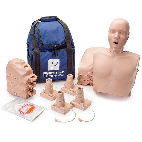 PRESTAN Ultralite Manikin with CPR Feedback, 4-Pack (Dark Skin); includes (4) Complete Ultralite Manikins, (4) CPR Feedback Pistons, (50) Ultralite Face-Shield/Lung-Bags, Carry Bag and Instructions"