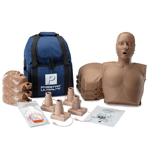 PRESTAN Ultralite Manikin with CPR Feedback, 4-Pack (Dark Skin); includes (4) Complete Ultralite Manikins, (4) CPR Feedback Pistons, (50) Ultralite Face-Shield/Lung-Bags, Carry Bag and Instructions"