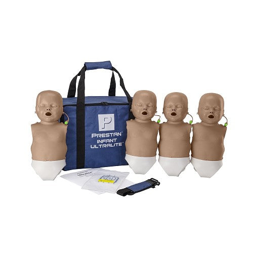 PRESTAN-PP-IULM-400M-DS Maniquí infantil ultraligero con información de RCP, paquete de 4 (piel oscura); incluye (4) maniquíes infantiles ultraligeros completos, (50) protectores faciales/bolsas pulmonares infantiles, bolsa de transporte e instrucciones