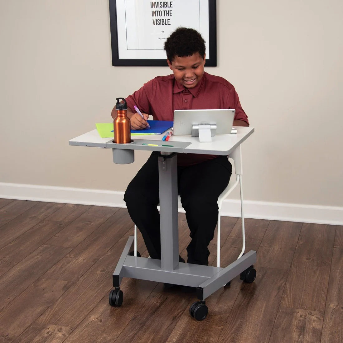 Luxor-STUDENT-P Pneumatic Adjustable Height Sit Stand Student Desk Light Gray (19.5" x 27.5" x 29"–43.5")