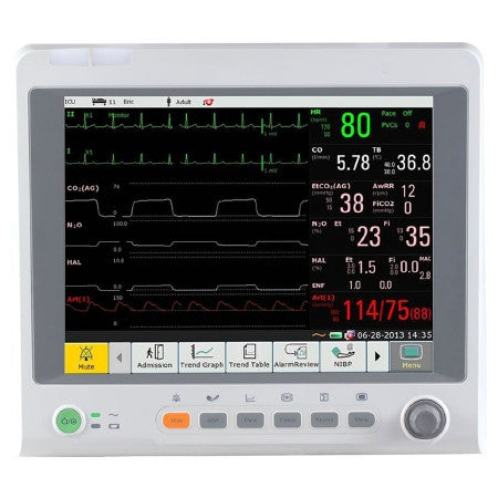 Monitor de paciente EDAN iM60 con pantalla táctil de 10'' y WiFi. Parámetros estándar: ECG de 3/5 derivaciones, RESP, NIBP, 2-TEMP, PR, HR, EDAN SpO2. Puertos abiertos de CO2 e IBP. Impresora instalada.