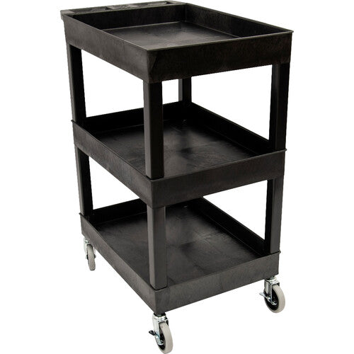 Luxor-SEC111-B-OUTRIG 24" x 18" 3-Shelf Plastic Utility Tub Cart with Outrigger Bins (Black)