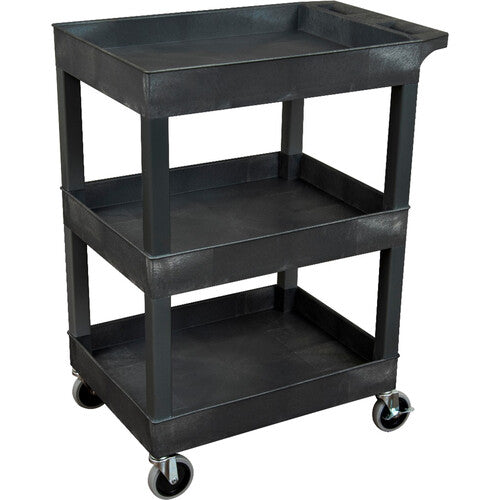 Luxor-SEC111-B-OUTRIG 24" x 18" 3-Shelf Plastic Utility Tub Cart with Outrigger Bins (Black)
