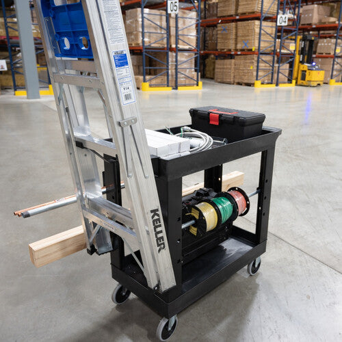 Luxor-EC11-NDUST-B 32 x 18" Heavy-Duty Industrial Cart with Two Shelves, Ladder Holder, Storage Hooks, and Spool Holder