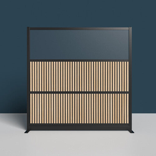 Luxor-MW-7070-WAB Grove Modular Wall with Wood Slats, Frosted White Panel, and Black Frame (70 x 70")
