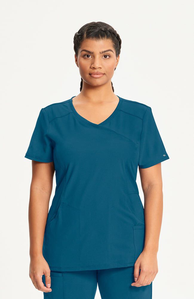 Infinity Women's 4-Pocket Knit Panel Mock Wrap Scrub Top