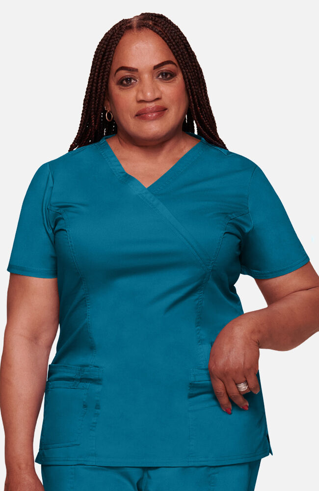 Cherokee Medical WW Core Stretch Women's Mock Wrap Princess Seam Solid Scrub Top