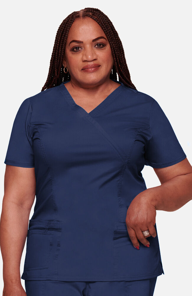 Cherokee Medical WW Core Stretch Women's Mock Wrap Princess Seam Solid Scrub Top
