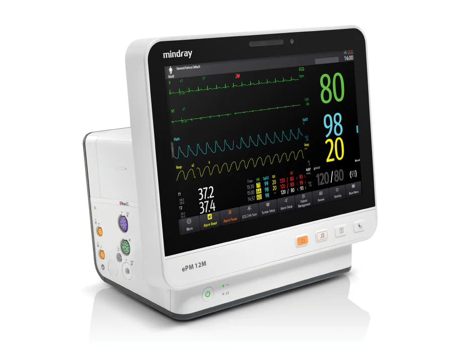 Mindray ePM 10M con ECG de 3/5 derivaciones, análisis de arritmias, Masimo SpO2, NIBP, temperatura, respiración (pn 9204E-PA00001)