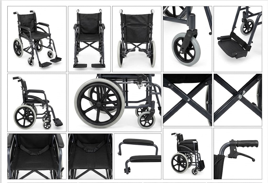A2Z Mobility-A2Z-TW801DG Dark-gray frame, Black Mesh seat/back, molded armrests, Black 5-spoke rear wheels with light tires, and separate footplates