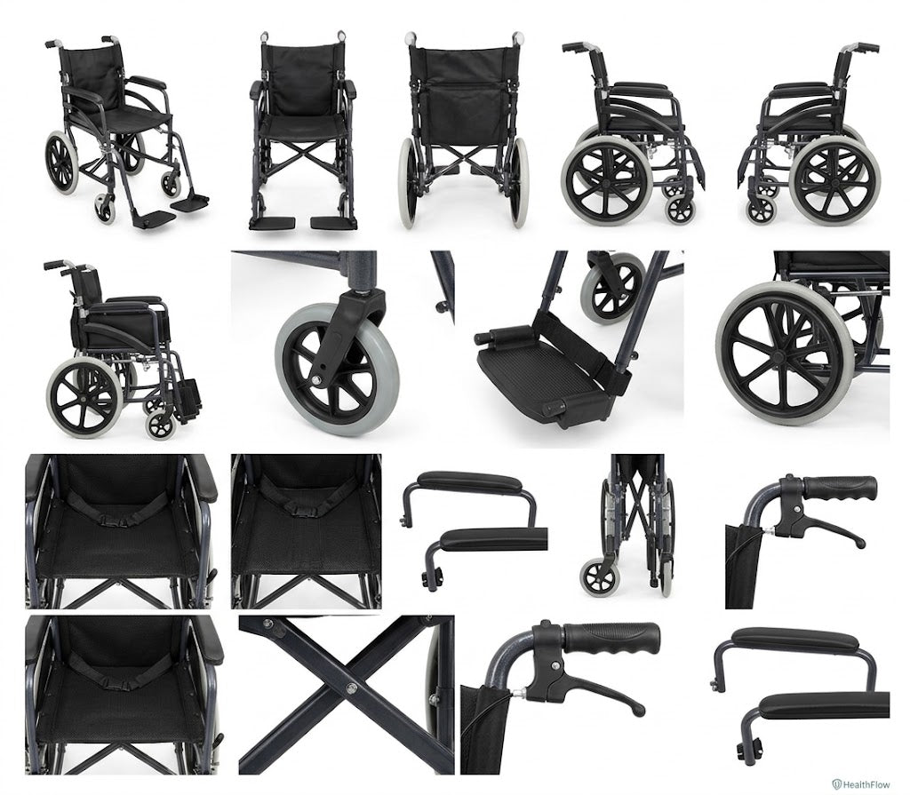 A2Z Mobility-A2Z-TW801DG Dark-gray frame, Black Mesh seat/back, molded armrests, Black 5-spoke rear wheels with light tires, and separate footplates