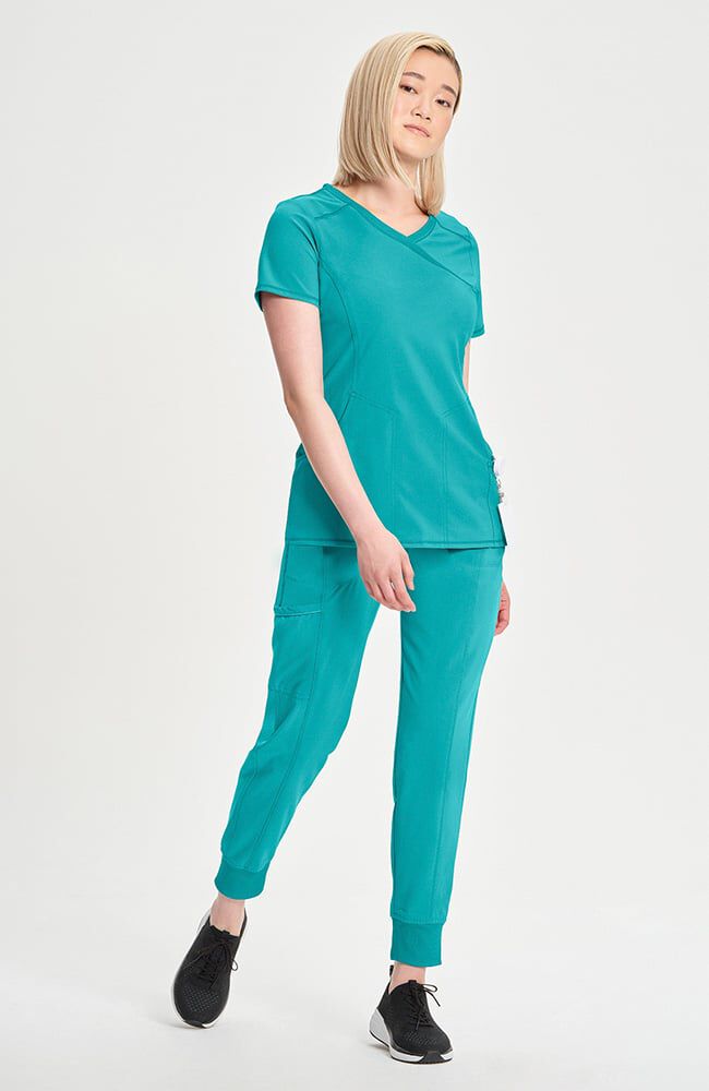Infinity Women's 4-Pocket Knit Panel Mock Wrap Scrub Top
