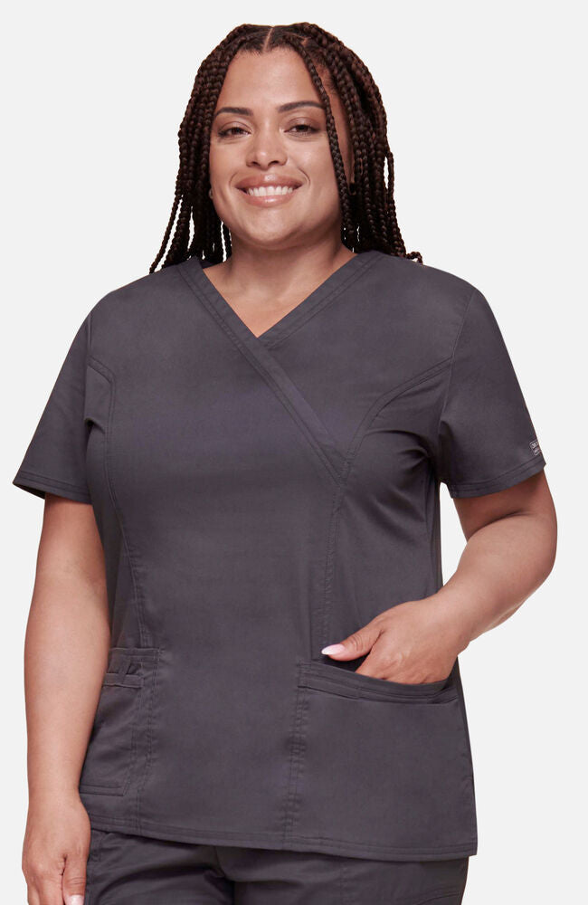 Cherokee Medical WW Core Stretch Women's Mock Wrap Princess Seam Solid Scrub Top