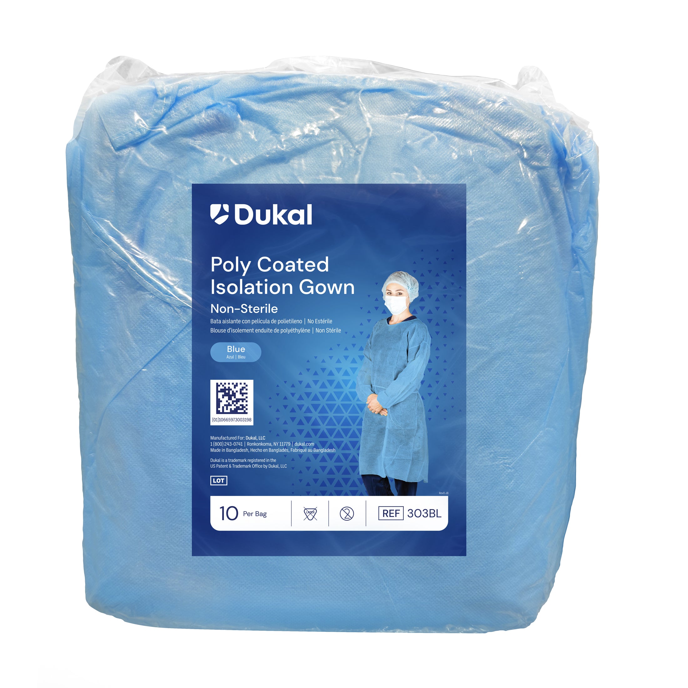 Dukal Corporation-303BL Isolation Gown, Poly Coated, Impervious, Blue (10/bg, 5 bg/cs)