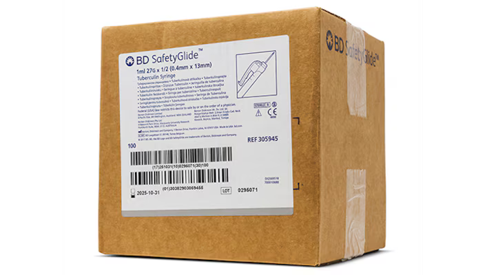 BD-305945 Syringe, 1mL BD SafetyGlide™ Tuberculin, 27 G x ½" Permanently Attached Needle, Regular Bevel, 100/bx, 4 bx/cs