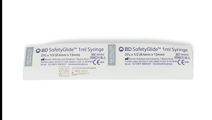 BD-305945 Syringe, 1mL BD SafetyGlide™ Tuberculin, 27 G x ½" Permanently Attached Needle, Regular Bevel, 100/bx, 4 bx/cs