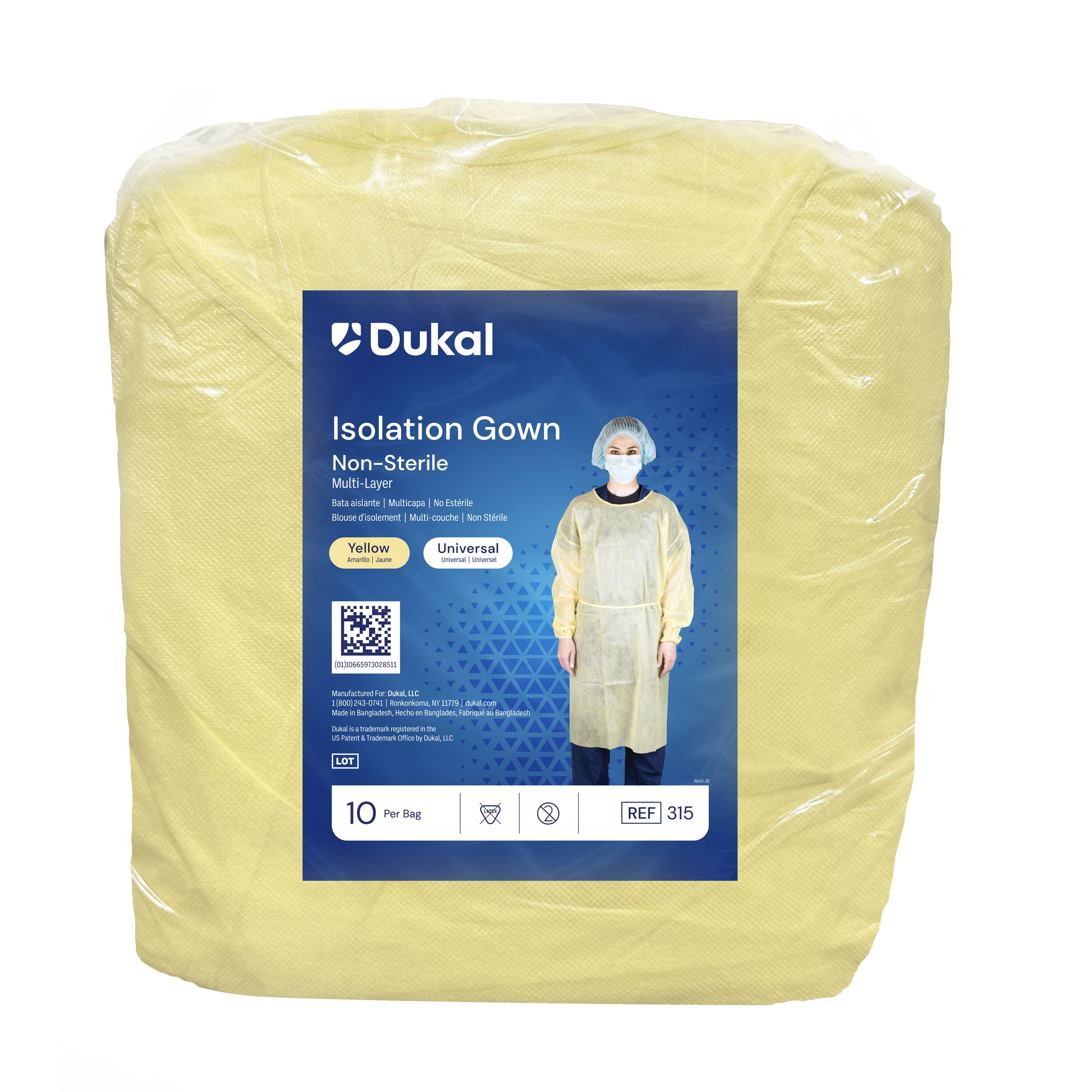 Dukal Corporation-315 Isolation Gown, SMS, Yellow, Non-Sterile (10/bg, 5 bg/cs)