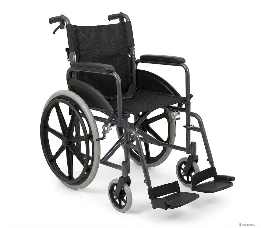 A2Z Mobility-A2Z-TW801DG Dark-gray frame, Black Mesh seat/back, molded armrests, Black 5-spoke rear wheels with light tires, and separate footplates