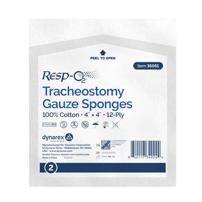 Dynarex-35051 Tracheostomy Gauze Sponges, 100% Cotton 4" x 4" 12 Ply (6/50/2cs)