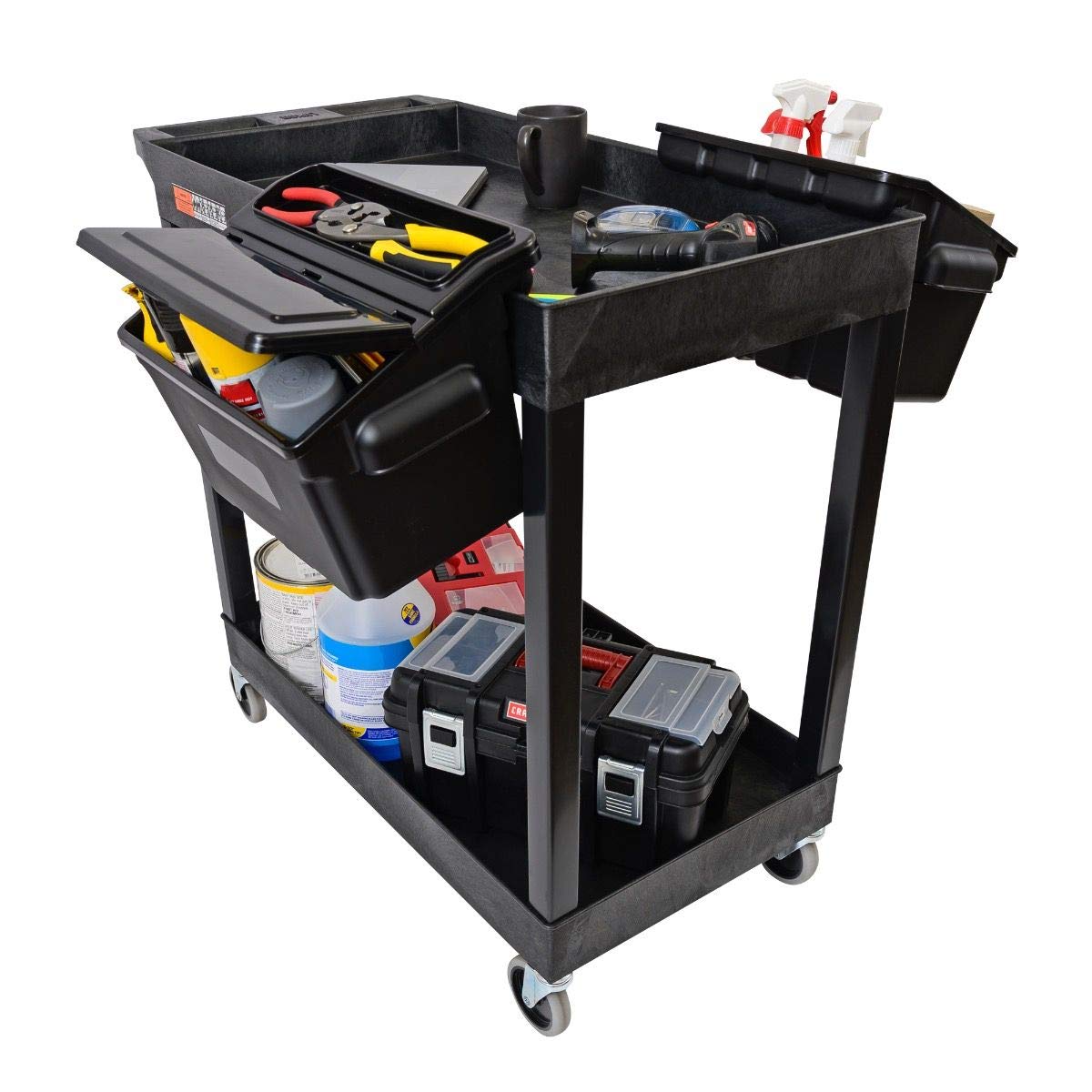 Luxor EC11-B-OUTRIG Plastic Utility Tub Cart, Two Shelves with Outrigger Utility Cart Bins, 32" x 18", 400 lbs. Weight Capacity