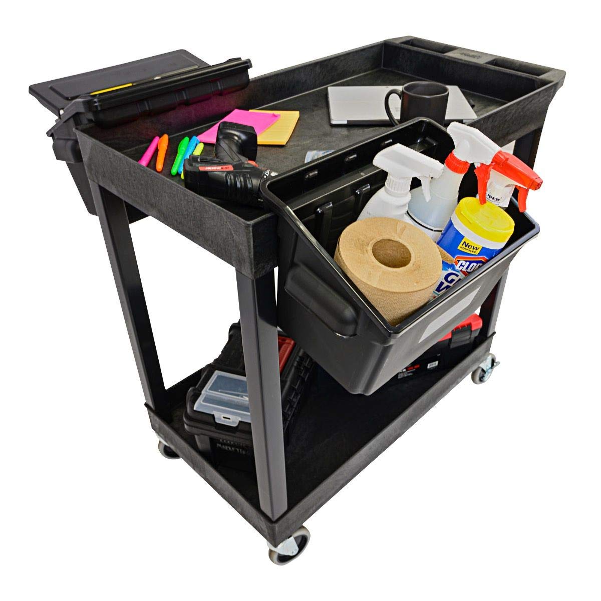 Luxor EC11-B-OUTRIG Plastic Utility Tub Cart, Two Shelves with Outrigger Utility Cart Bins, 32" x 18", 400 lbs. Weight Capacity