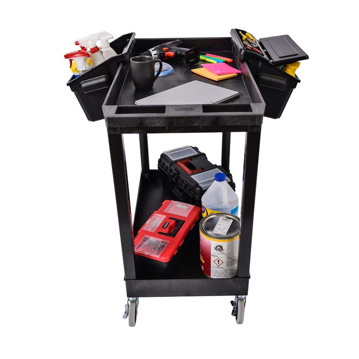 Luxor EC11-B-OUTRIG Plastic Utility Tub Cart, Two Shelves with Outrigger Utility Cart Bins, 32" x 18", 400 lbs. Weight Capacity