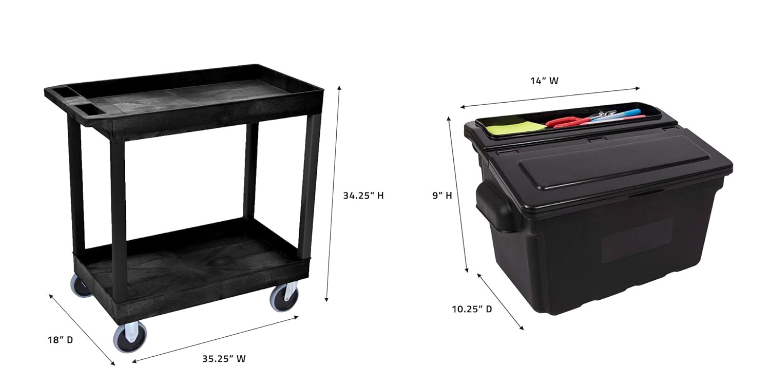 Luxor EC11-B-OUTRIG Plastic Utility Tub Cart, Two Shelves with Outrigger Utility Cart Bins, 32" x 18", 400 lbs. Weight Capacity