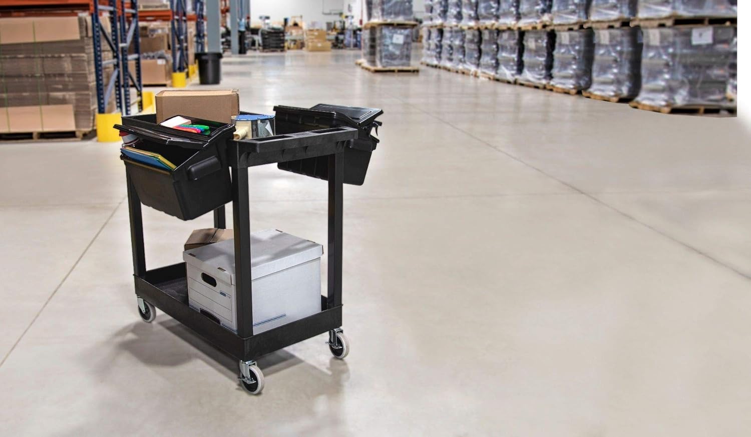 Luxor EC11-B-OUTRIG Plastic Utility Tub Cart, Two Shelves with Outrigger Utility Cart Bins, 32" x 18", 400 lbs. Weight Capacity
