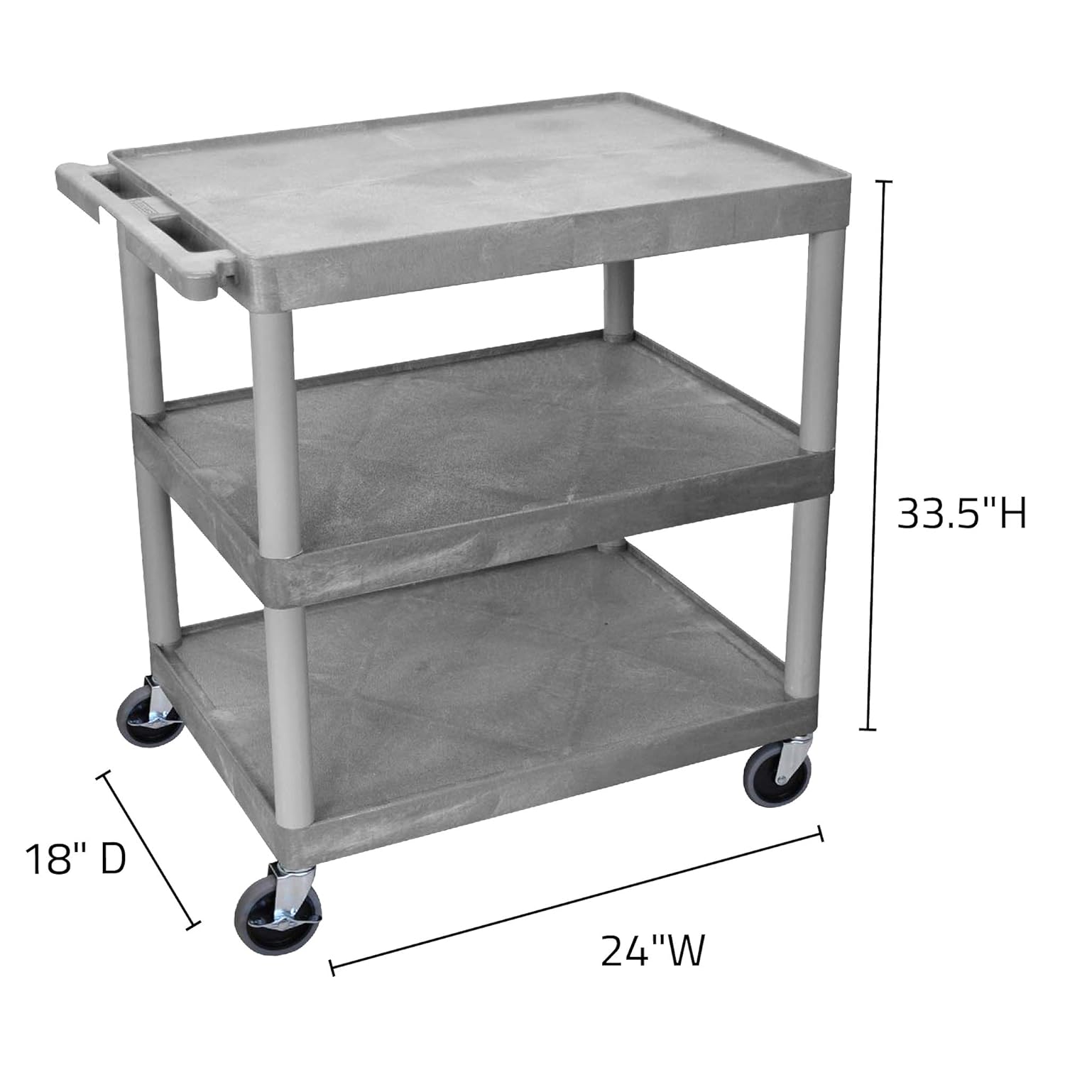 LUXOR HE33-G Utility Cart - 3 Shelves Structural Foam Plastic, Four Heavy-Duty 4" Casters, Two with Locking Brake, Ergonomic Push Handle, 35.25" W x 24" D x 33.5" H