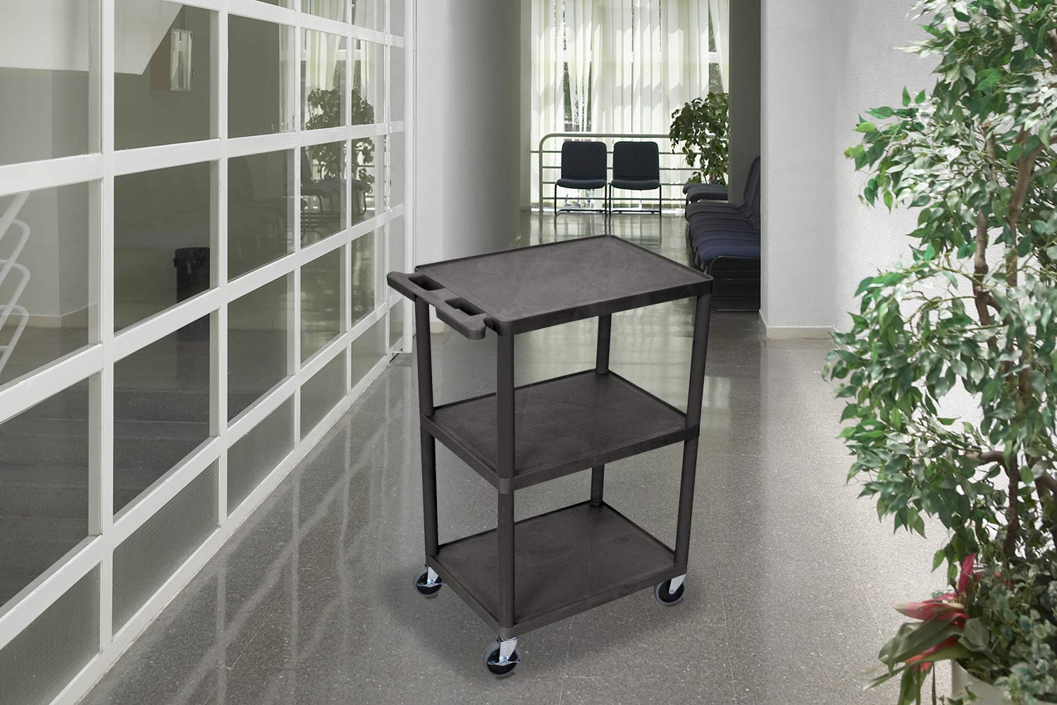 Luxor-HE42-B Multipurpose Three-Shelf Structural Foam Plastic Storage Utility Cart - Black