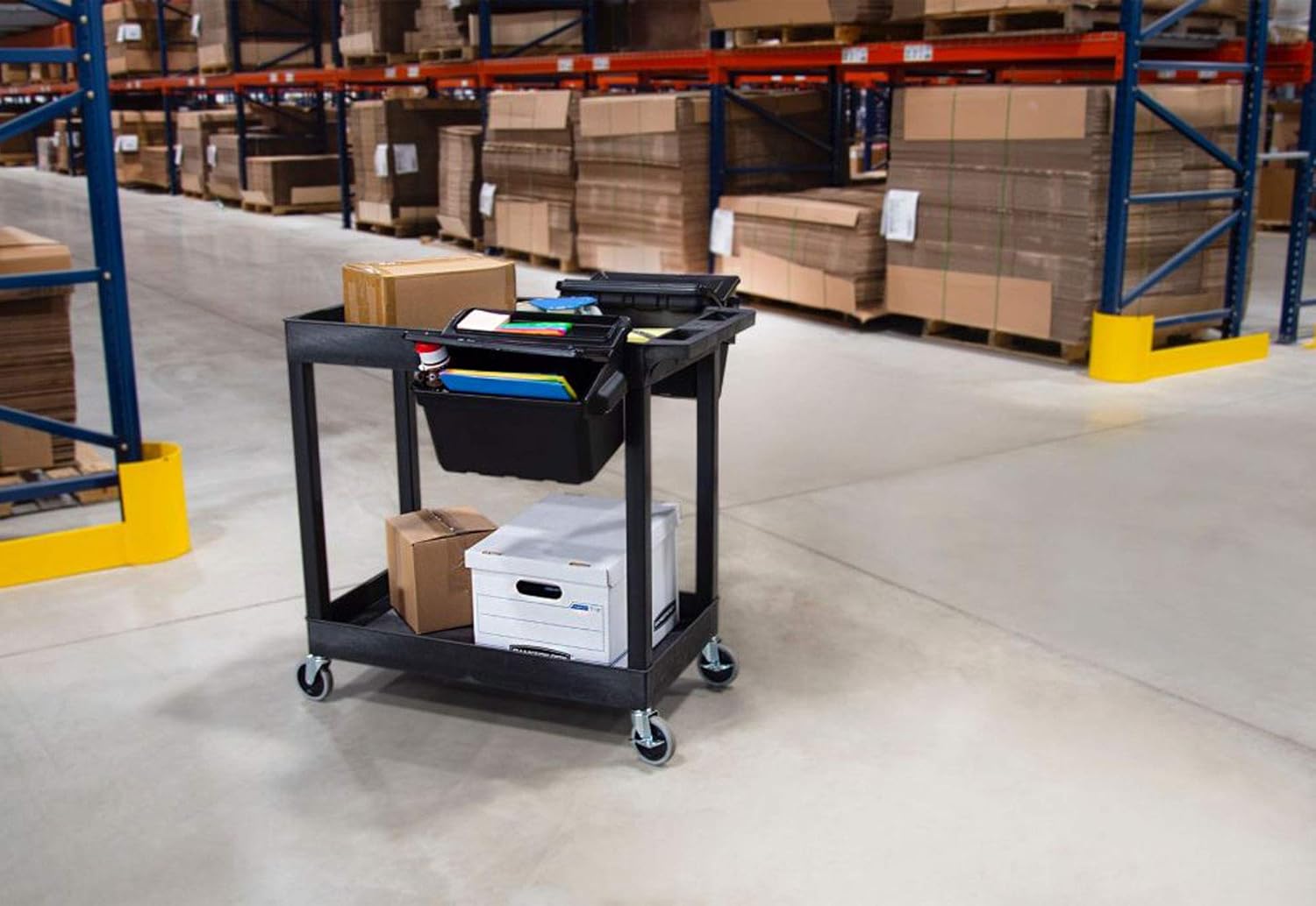 Luxor EC11-B-OUTRIG Plastic Utility Tub Cart, Two Shelves with Outrigger Utility Cart Bins, 32" x 18", 400 lbs. Weight Capacity