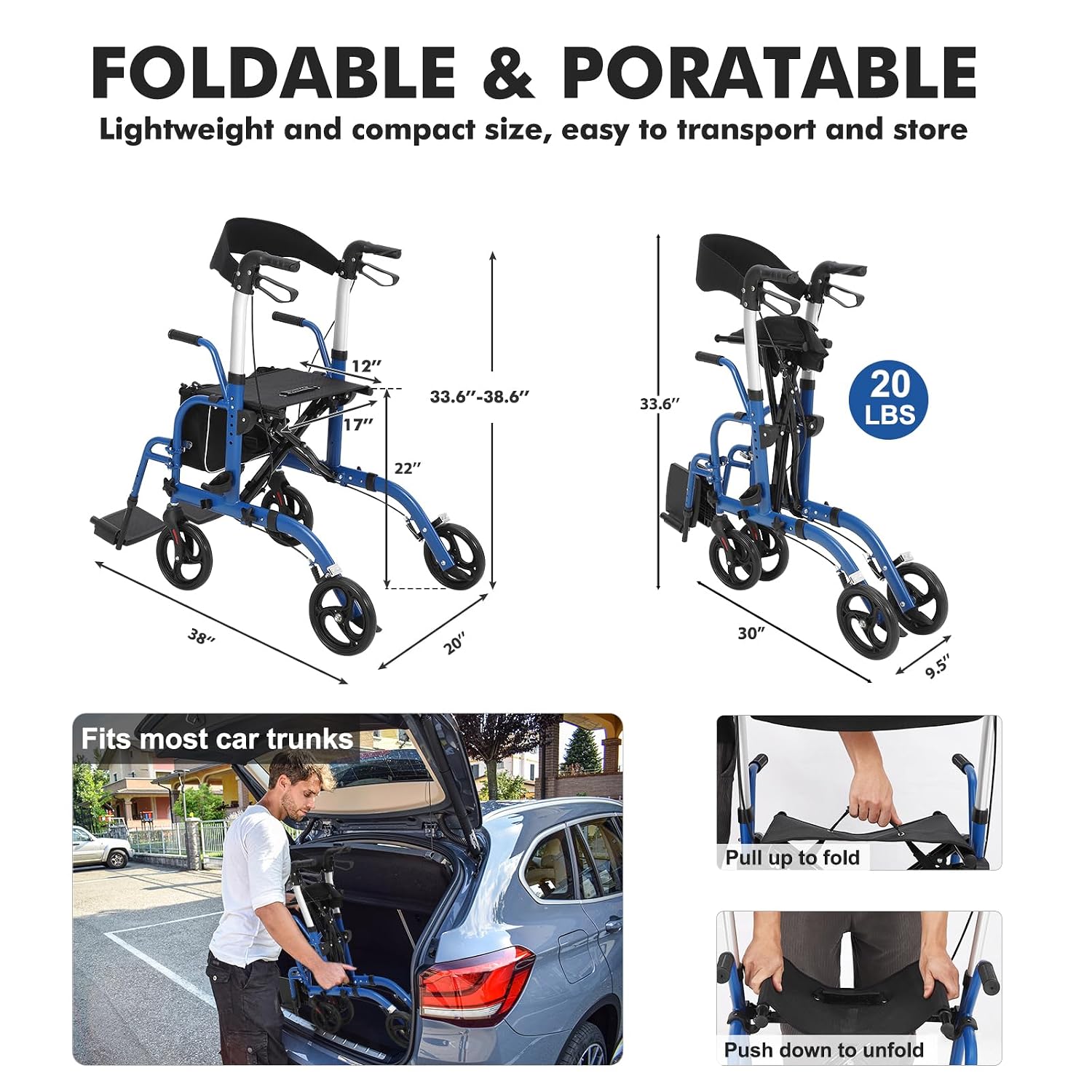 A2Z Mobility-A2Z-TC1057BLU Rollator Transport Chair - Blue