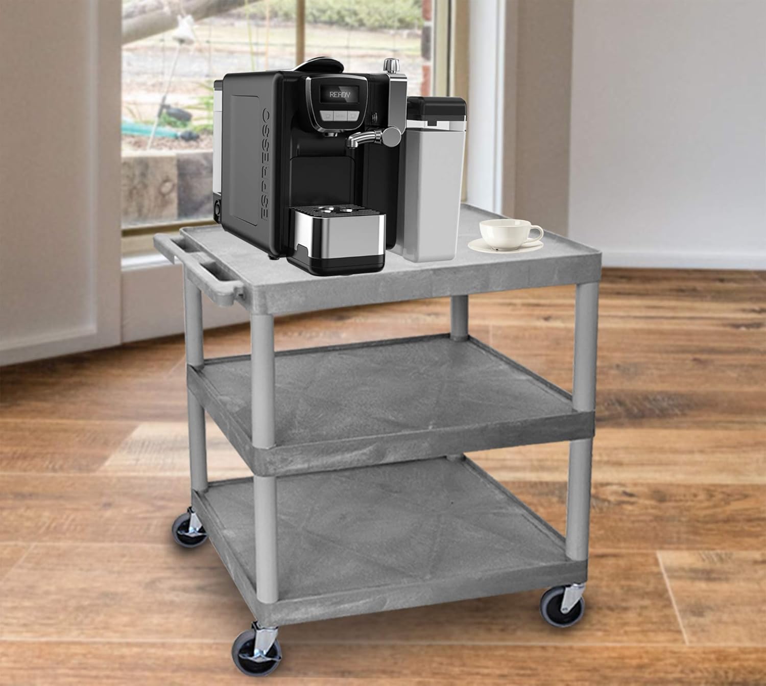 LUXOR HE33-G Utility Cart - 3 Shelves Structural Foam Plastic, Four Heavy-Duty 4" Casters, Two with Locking Brake, Ergonomic Push Handle, 35.25" W x 24" D x 33.5" H
