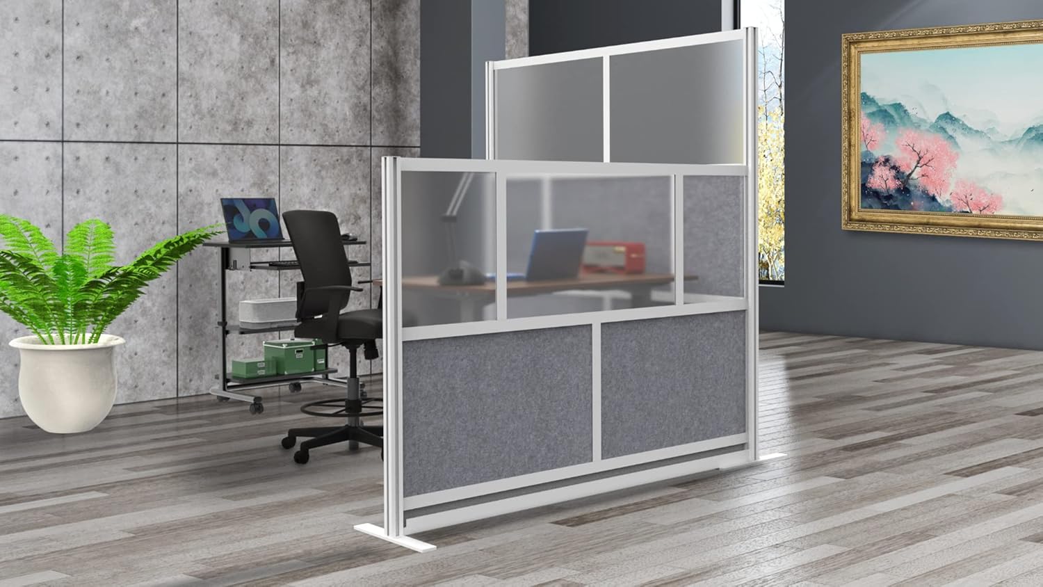 LUXOR MW-5370-FCGB Modular Wall Room Divider System - Black Frame - 53" x 70" Starter Wall