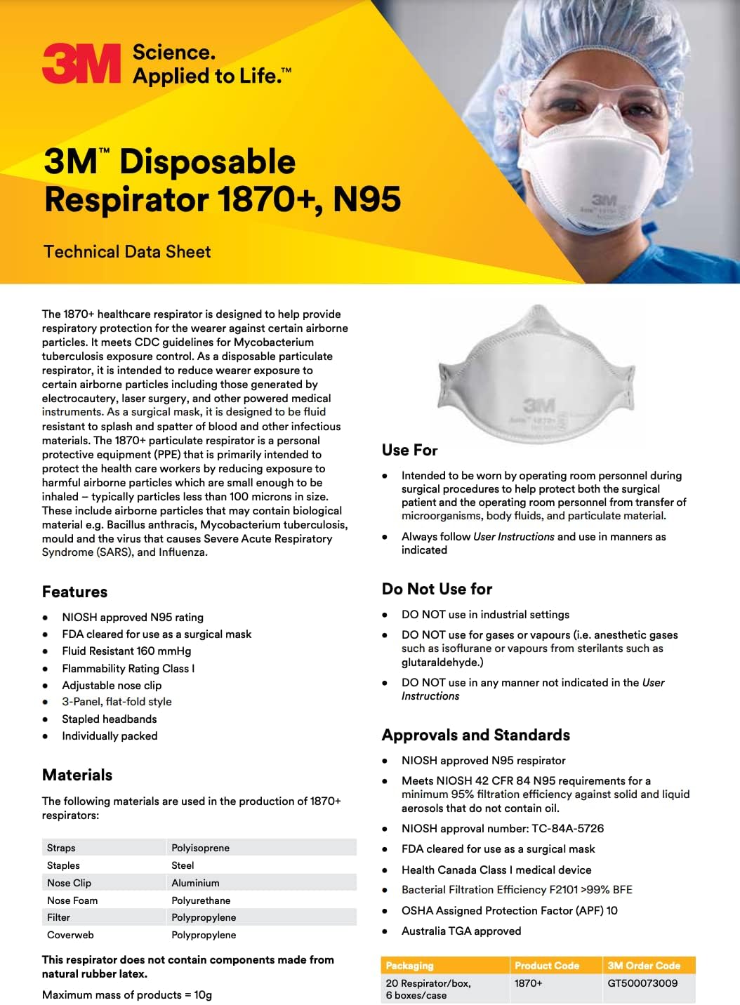 3M™ 1870+ N95 Health Care Particulate Respirator and Surgical Mask