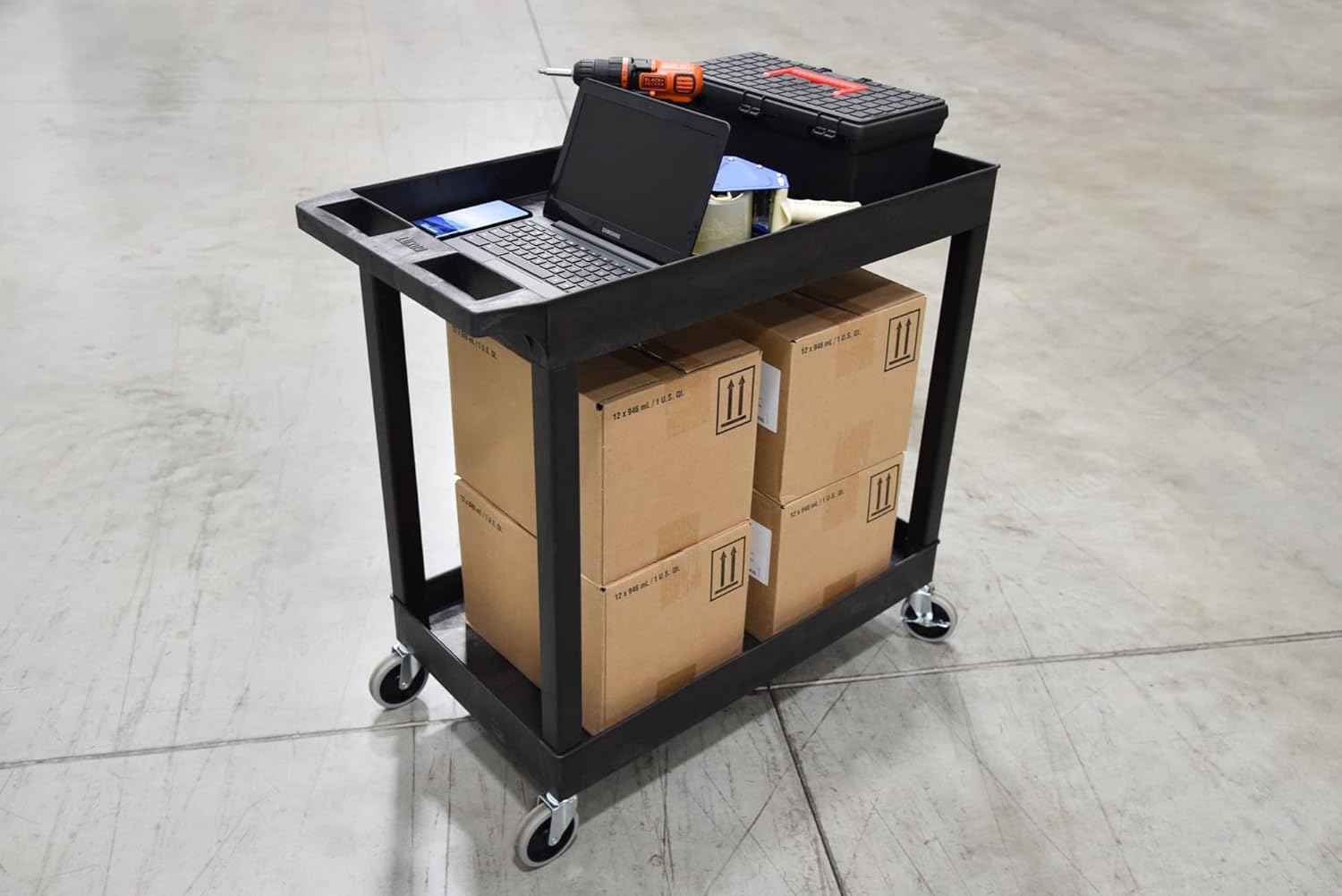 Luxor-EC11-B 32" x 18" Tub Storage Cart 2 Shelves - Black
