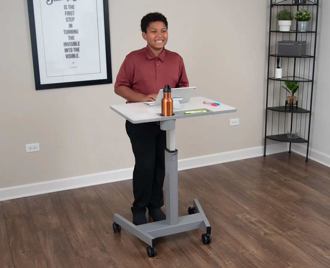 Luxor-STUDENT-P Pneumatic Adjustable Height Sit Stand Student Desk Light Gray (19.5" x 27.5" x 29"–43.5")