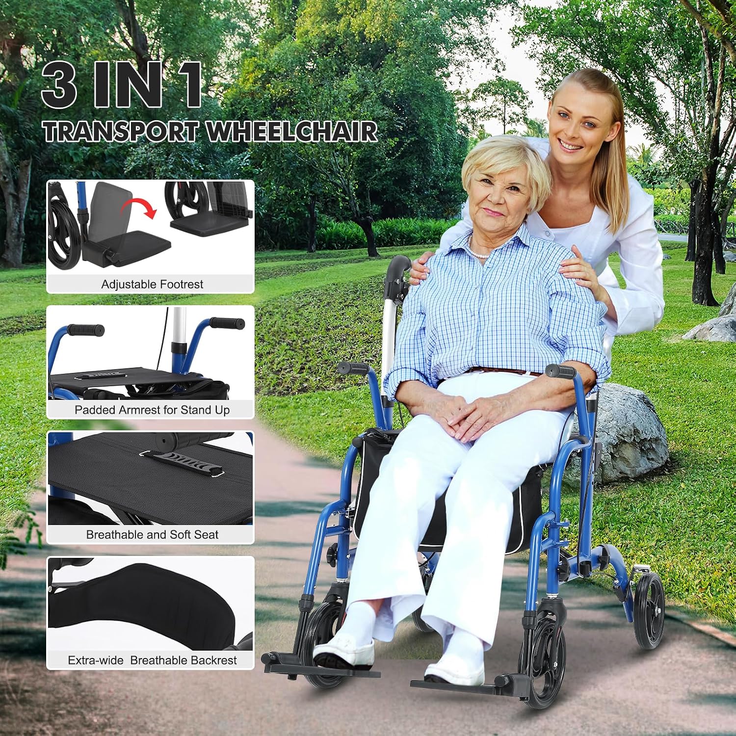 A2Z Mobility-A2Z-TC1057BLU Rollator Transport Chair - Blue