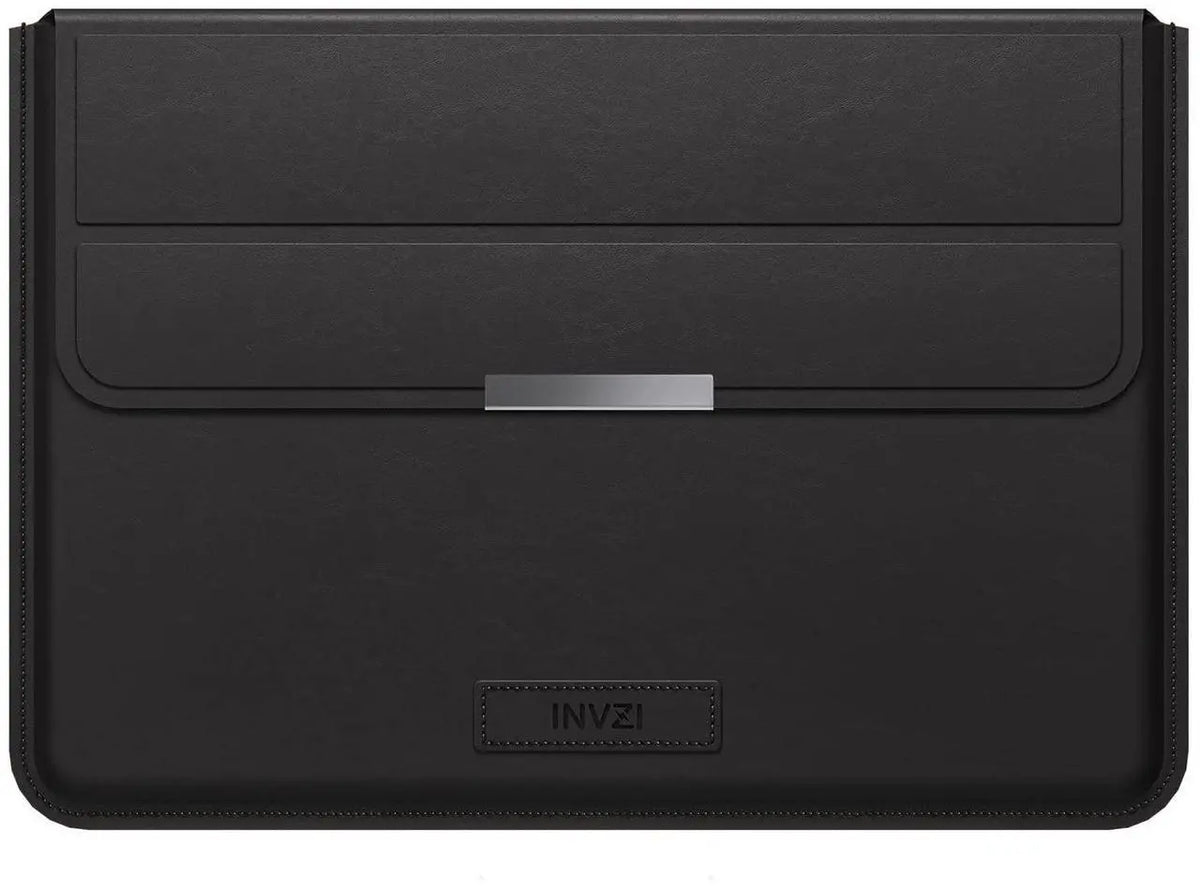INVZI-0034S916D MacBook Sleeve, Vegan Leather Bag Compatible with 13”/14" MacBook Air, MacBook Pro 14 inch M3 M2 M1 2021-2024, Compact Design with Invisible Stand (Black)