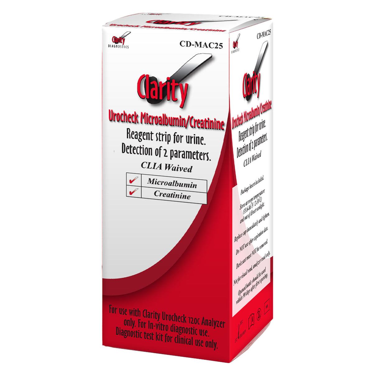 Clarity-CD-MAC25 Urocheck Microalbumin/Creatinine Urine Strips, CLIA Waived (25 strips/bx)